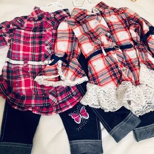 2, two piece CUTE “jeans” outfits, girls 6-9 mo